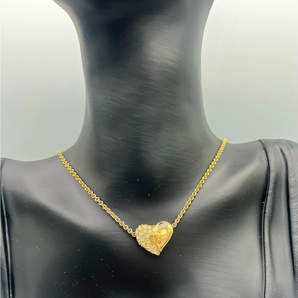 Vintage Givenchy Gold Heart Pendant Necklace with Crystal Accents